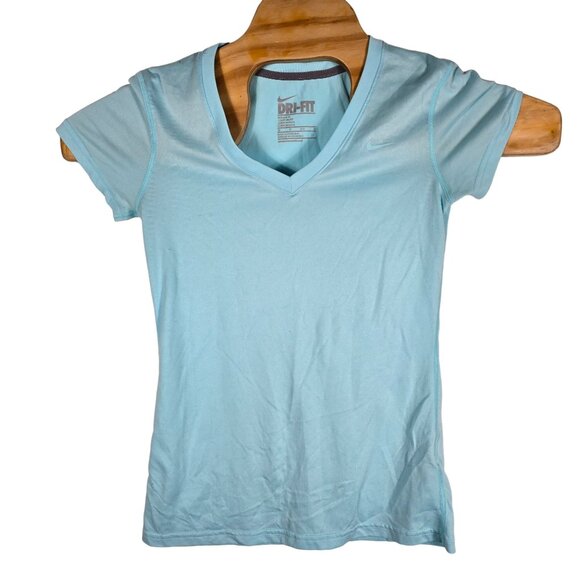 Nike Dri-Fit Workout Shirt XS Women's V Neck Blue Shirt Sleeve - Picture 2 of 8